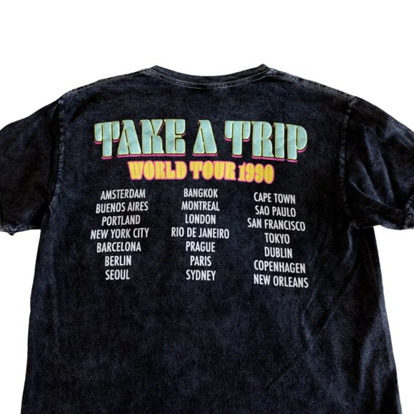 Fifth Sun Take A Trip World Tour 1990 Black T-Shirt Neon Mushroom Design /Cities - Picture 6 of 11